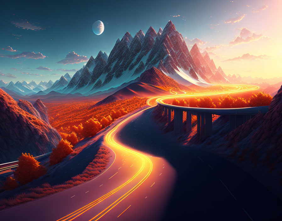 Moonlit orange forest with winding glowing road