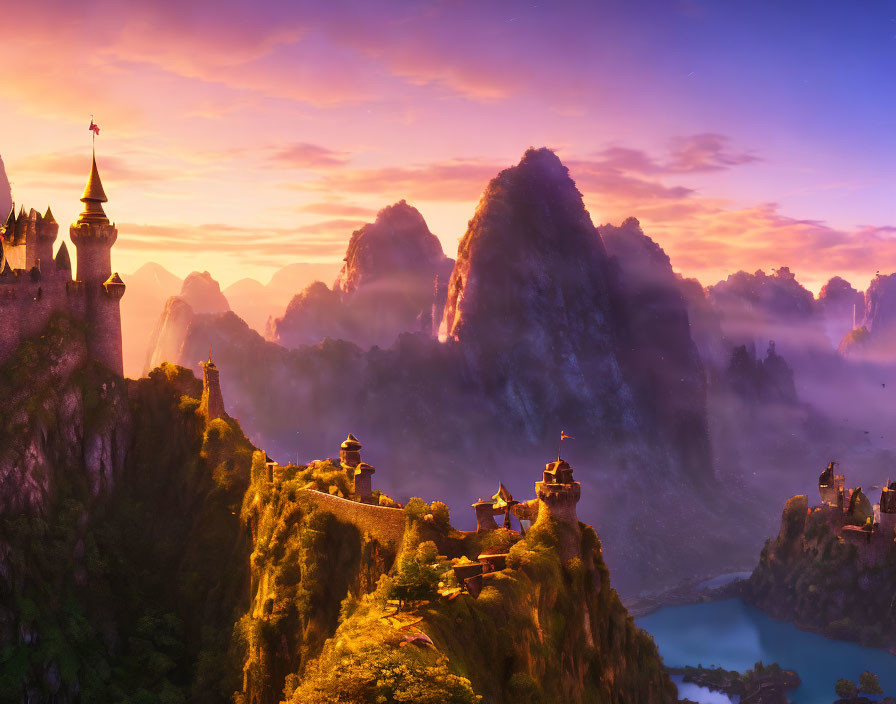 Fantastical sunrise landscape with illuminated castle, stone wall, mountains, and misty lake