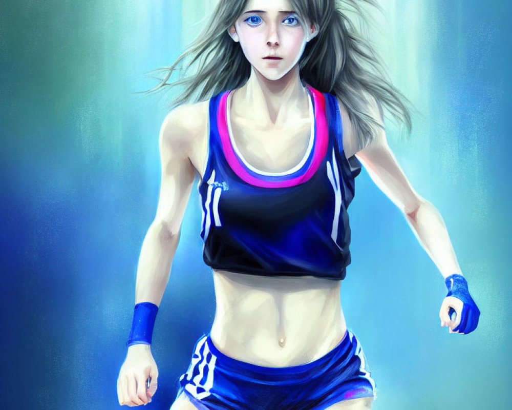 Digital artwork: Young woman with blue eyes in athletic outfit running