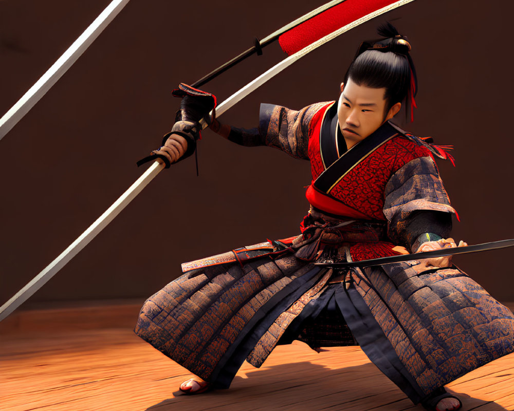 Digital art of samurai in traditional armor with katana and naginata kneeling on wooden background