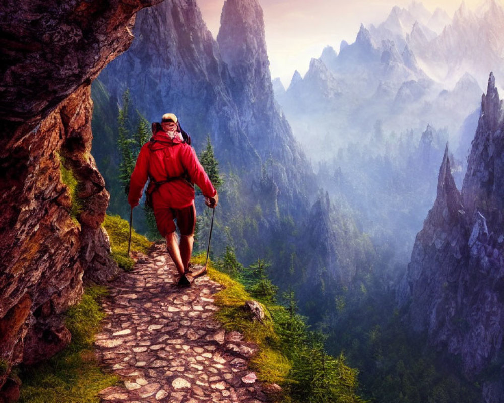 Red-Hiker on Stony Mountain Path at Sunrise