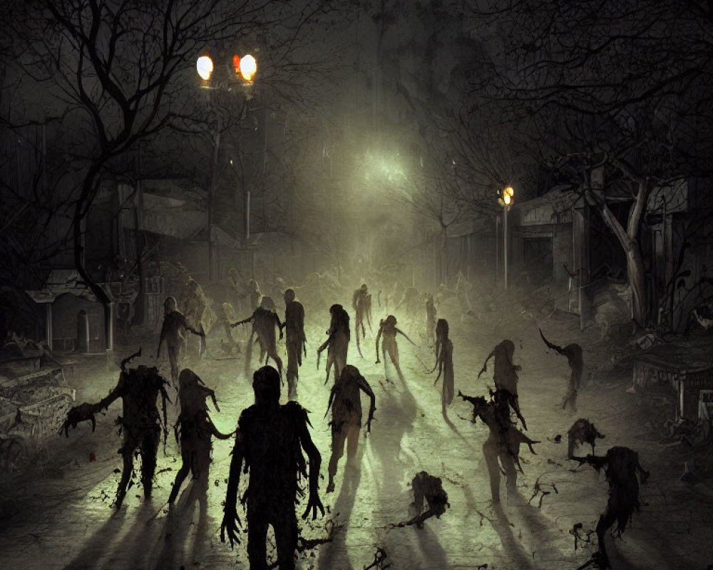 Dark, foggy street scene with zombies under eerie streetlights