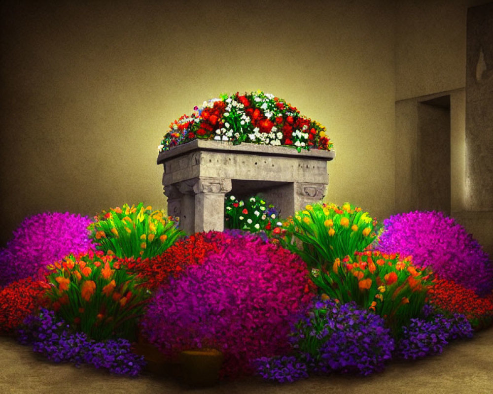 Colorful Flowers Surround Stone Well in Dimly Lit Room