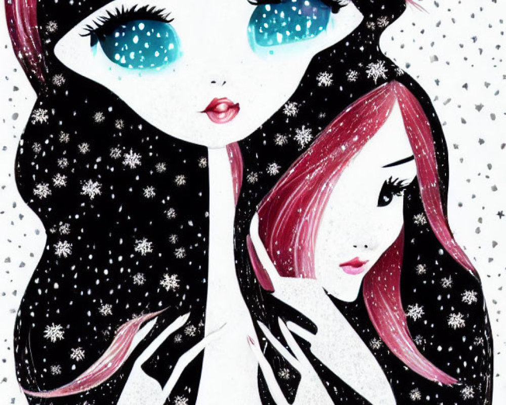 Stylized female characters with blue eyes and pink hair on snowflake background