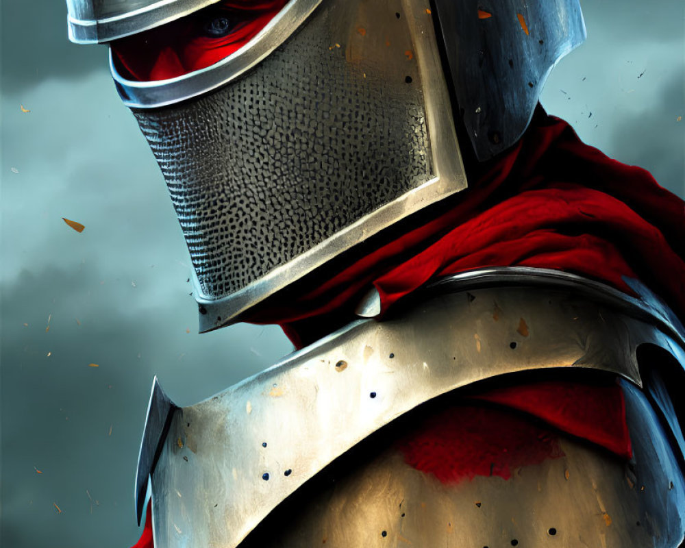 Detailed close-up of knight in shining armor with red eyes and cape