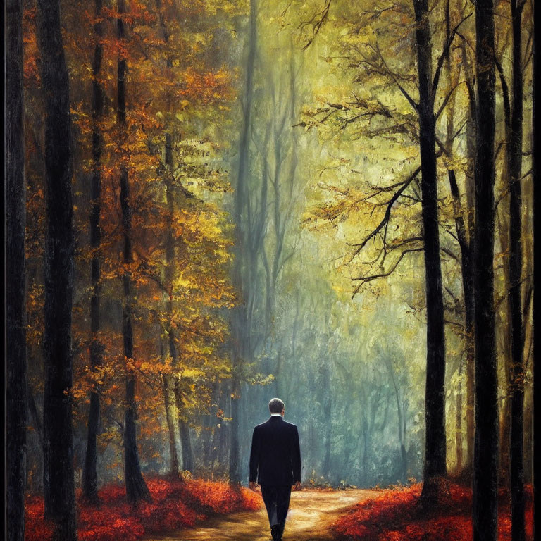 Autumn forest scene with solitary figure walking down path