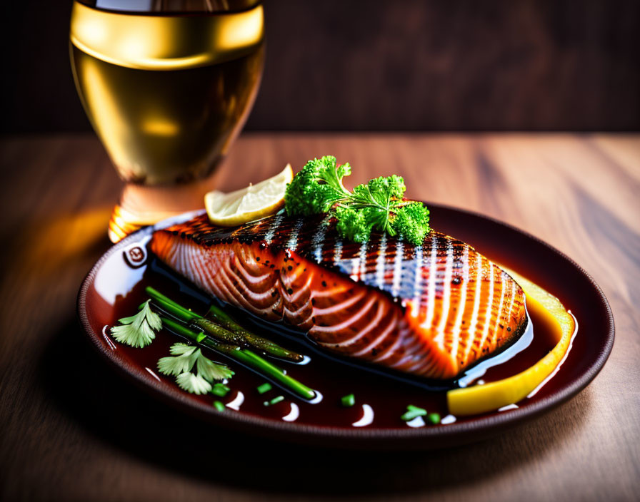 Grilled Salmon Fillet with Lemon and Parsley on Plate with Chopsticks and Goblet