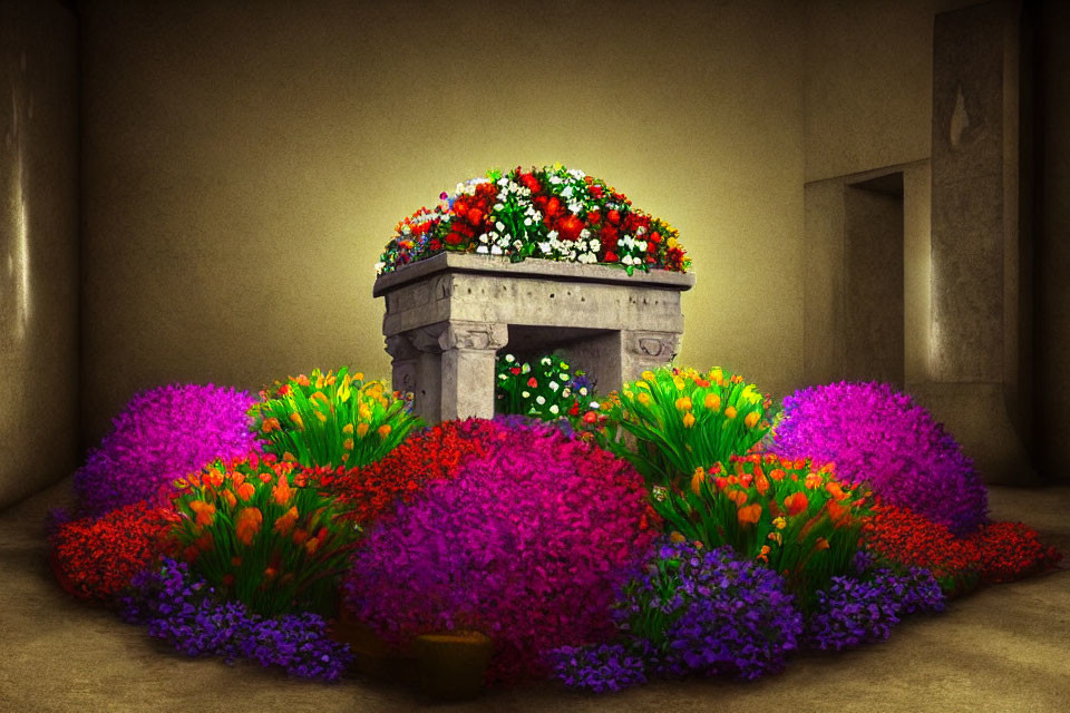 Colorful Flowers Surround Stone Well in Dimly Lit Room