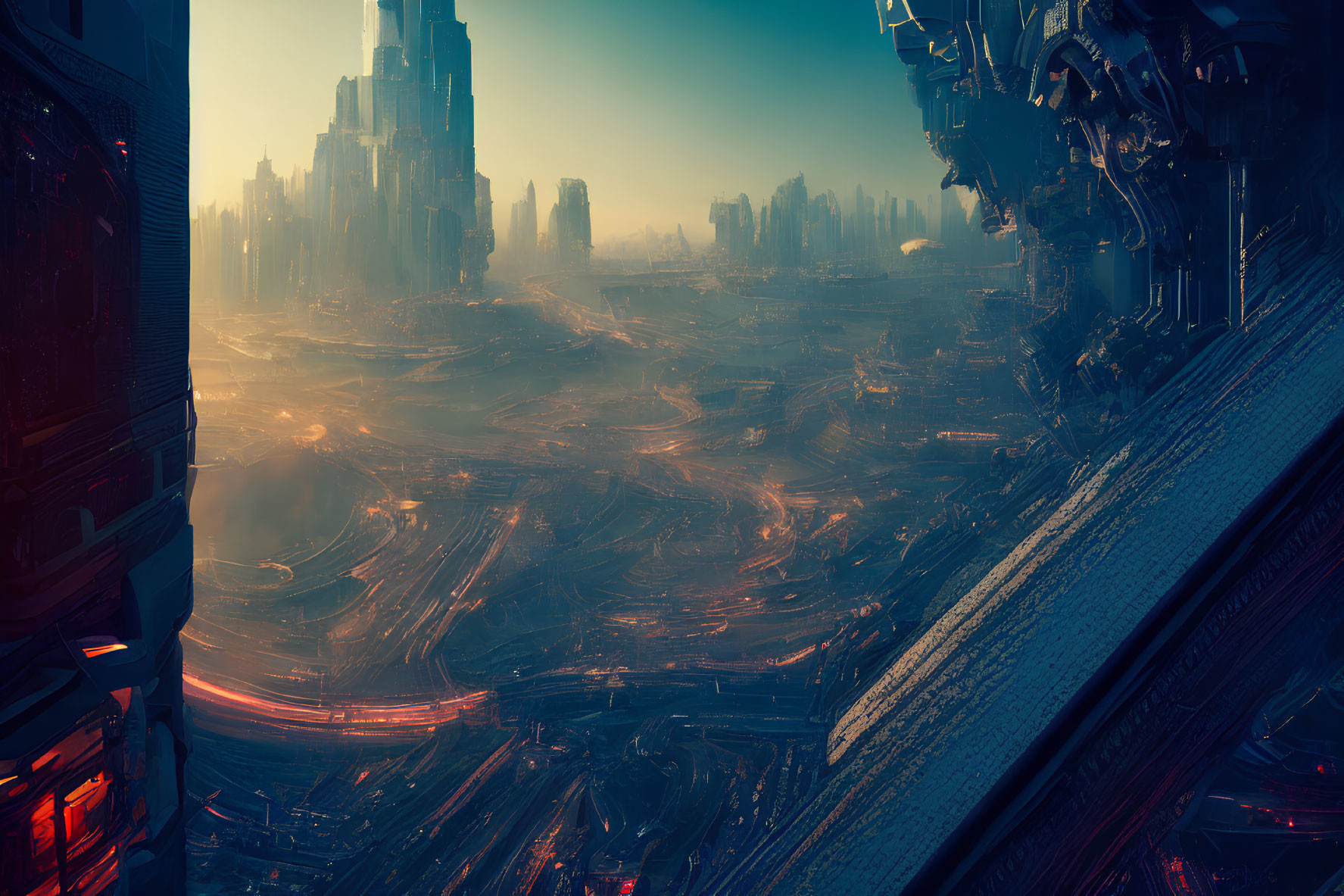 Futuristic cityscape with skyscrapers, roadways, and giant robot in hazy sky