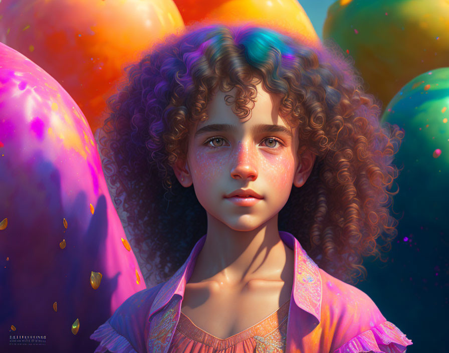 Young girl with curly brown hair and green eyes in vibrant balloon scene