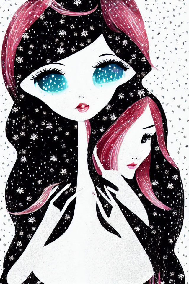 Stylized female characters with blue eyes and pink hair on snowflake background