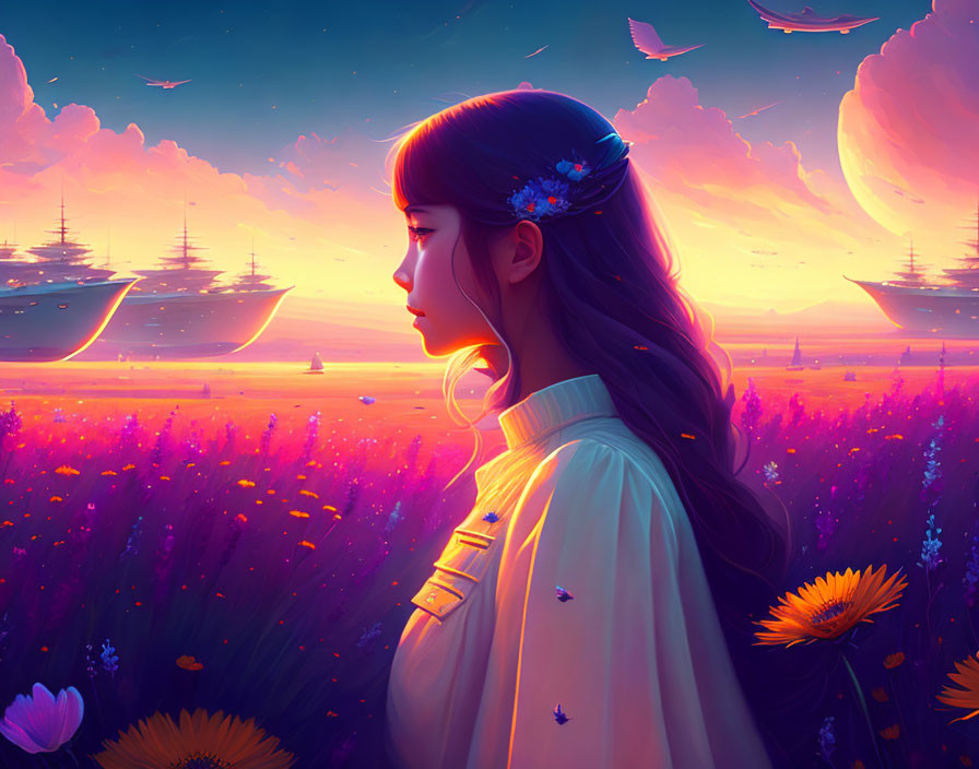 Profile view of woman in purple flower field with floating ships at sunset