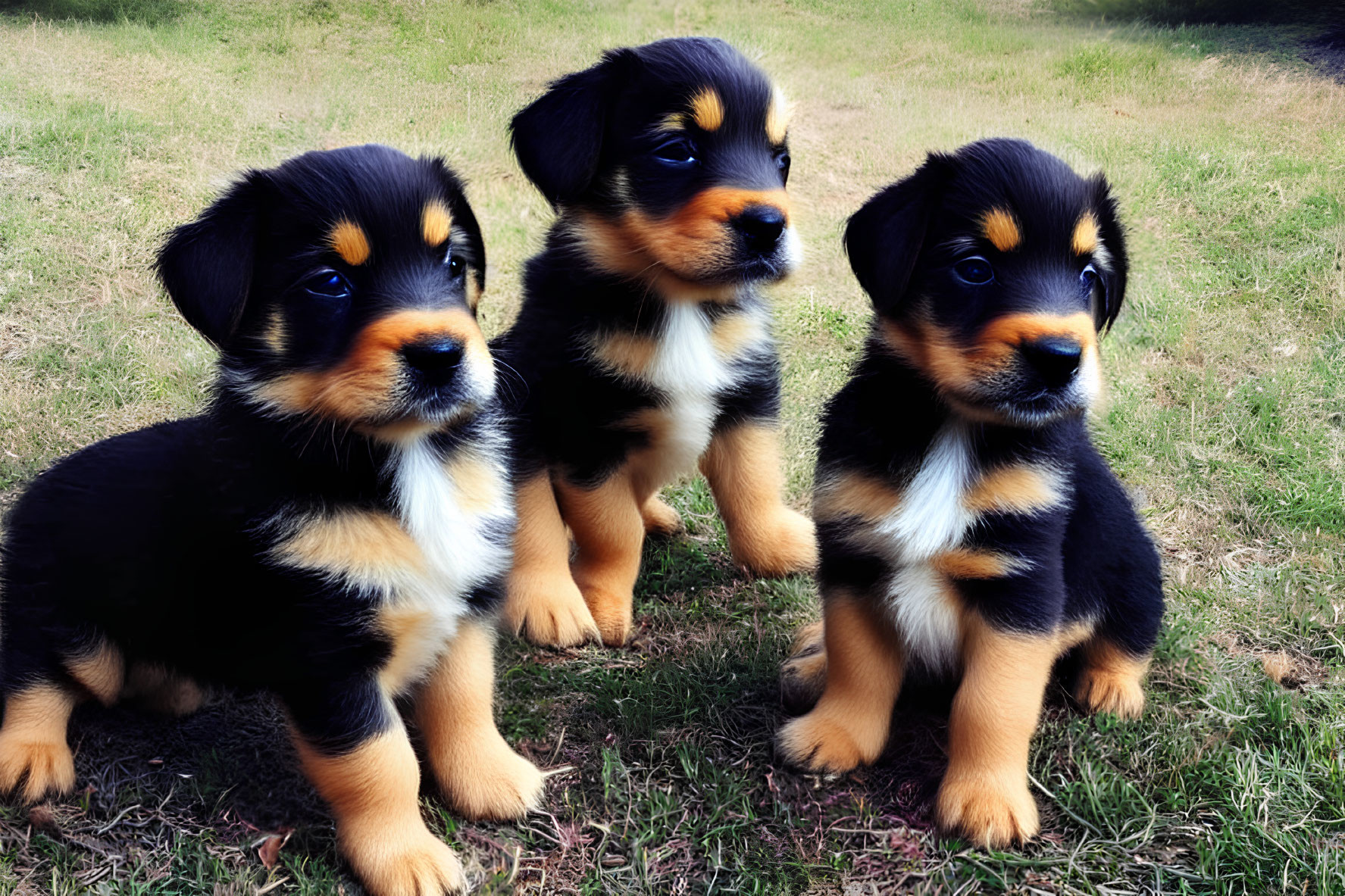 Adorable black, tan, and white puppies on grass.