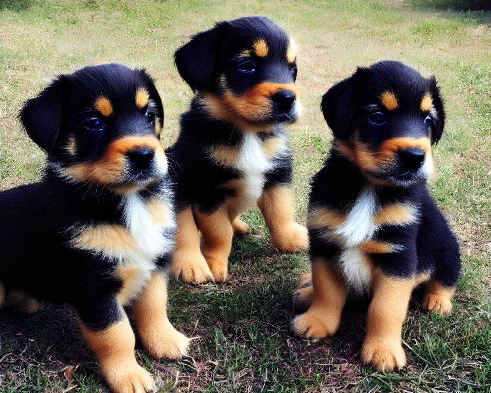 Adorable black, tan, and white puppies on grass.