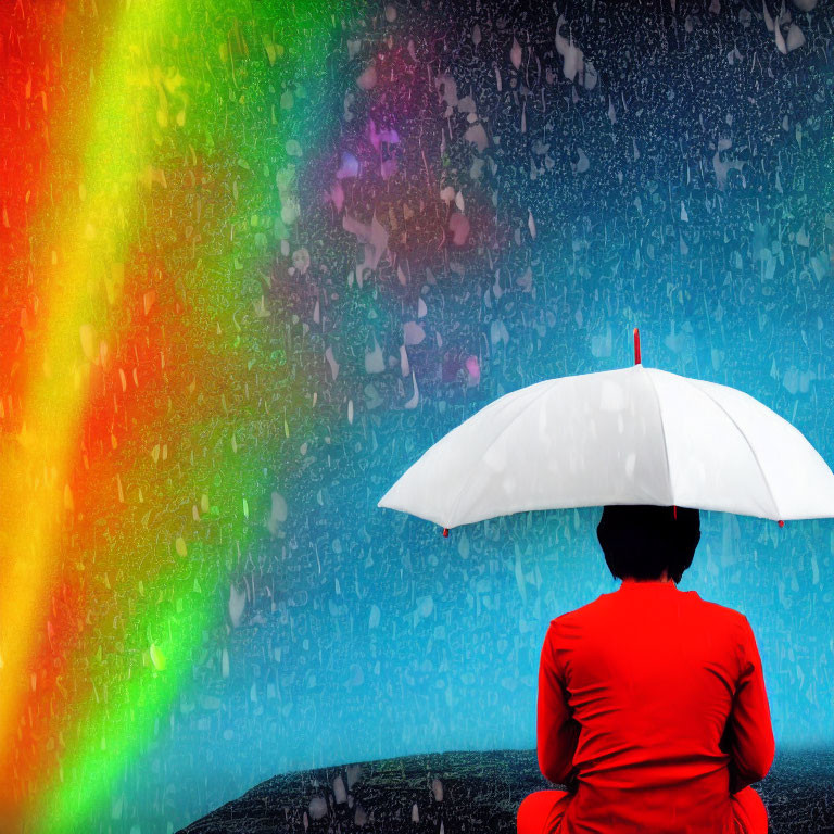 Person in red shirt under white umbrella admires vibrant rainbow in falling rain on blue background