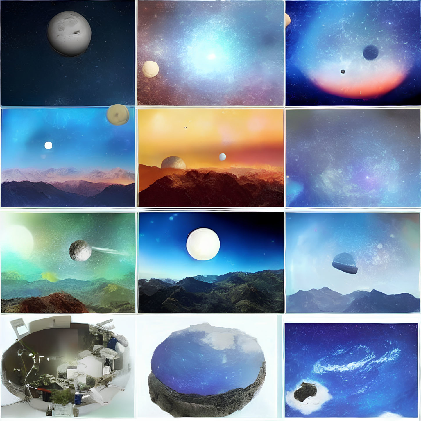 Exoplanet and Celestial Landscapes Collage with Lab Setup and Spherical Rock