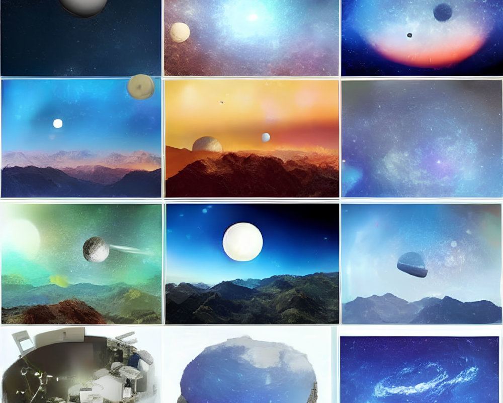 Exoplanet and Celestial Landscapes Collage with Lab Setup and Spherical Rock