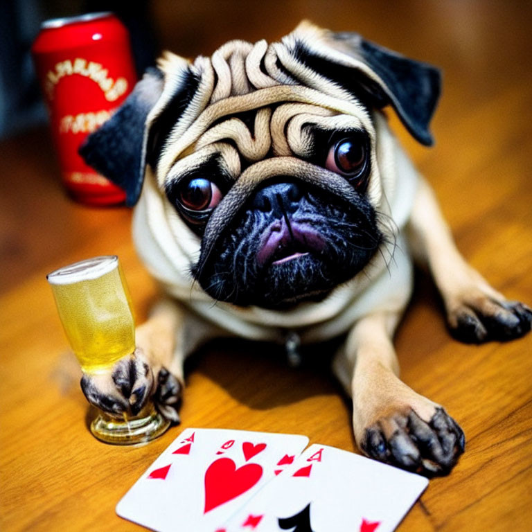 Humorous pug dog with beer glass and royal flush cards on table