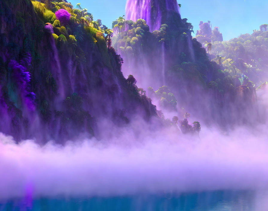 Misty landscape with lush greenery and waterfalls