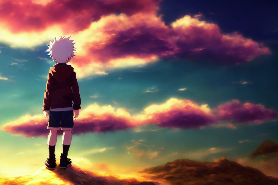 Spiky-haired animated character gazing at vibrant sunset sky