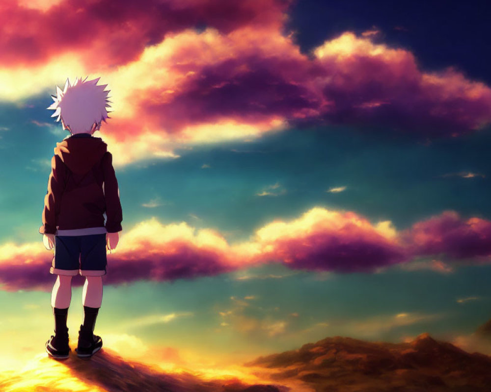 Spiky-haired animated character gazing at vibrant sunset sky