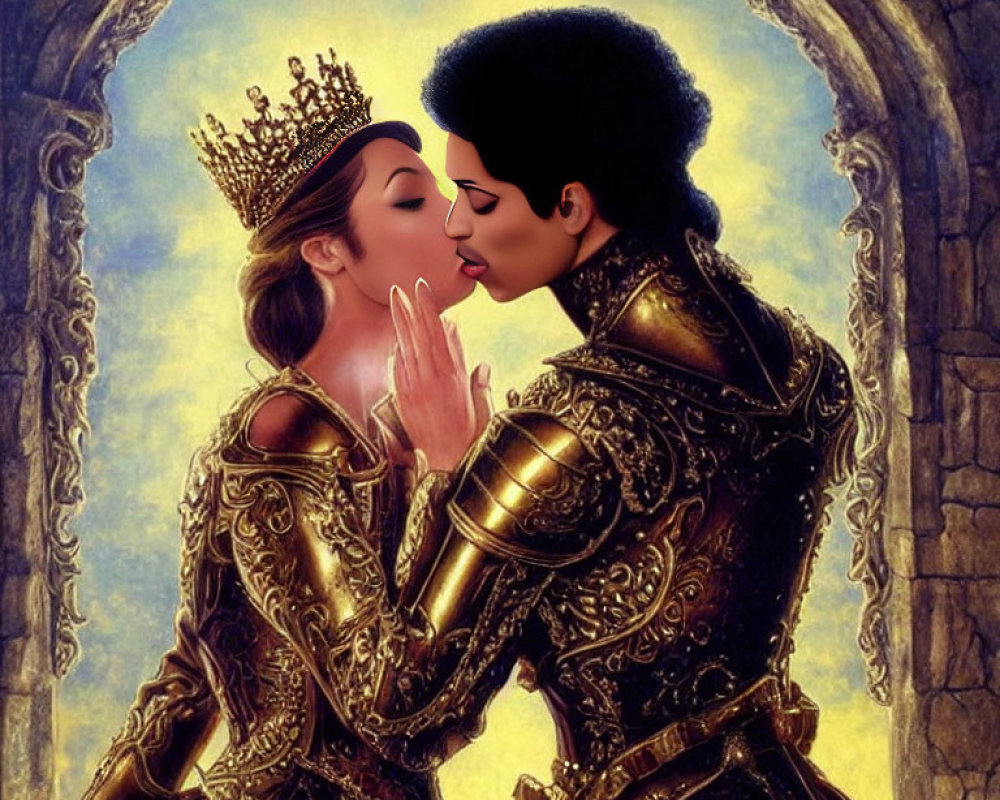 Illustrated characters in regal attire kissing with castle backdrop