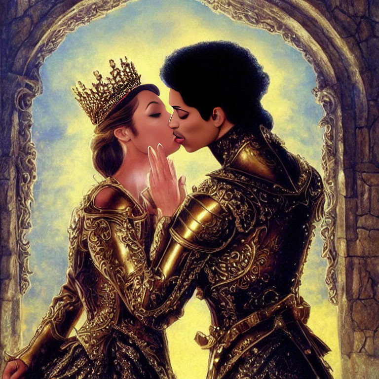 Illustrated characters in regal attire kissing with castle backdrop