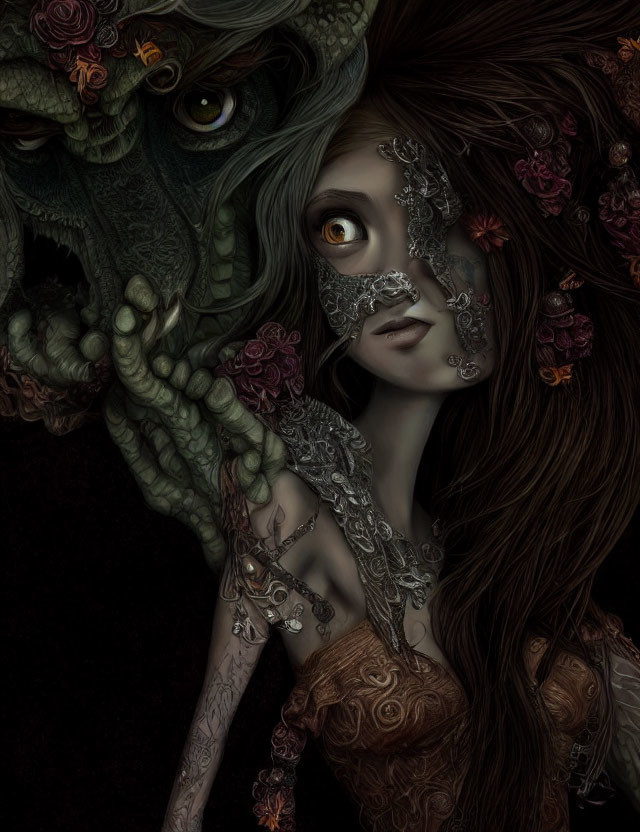 Woman with floral tattoos beside fantastical creature with green scales