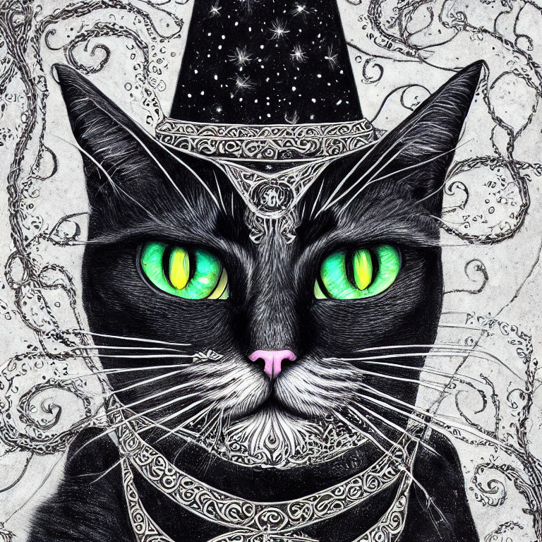 Detailed Black Cat Illustration with Green Eyes & Witch's Hat on Paisley Background