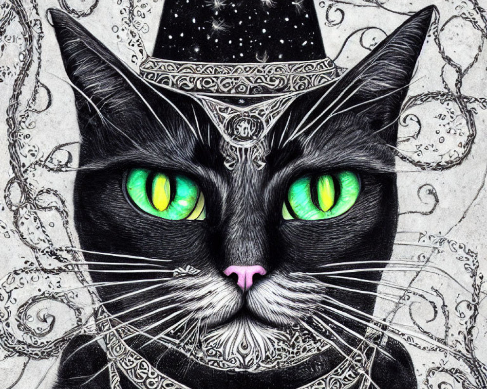 Detailed Black Cat Illustration with Green Eyes & Witch's Hat on Paisley Background