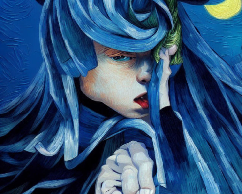 Figure with Swirling Blue Hair and Attire in Van Gogh Style Against Starry Background