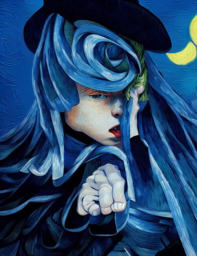 Figure with Swirling Blue Hair and Attire in Van Gogh Style Against Starry Background