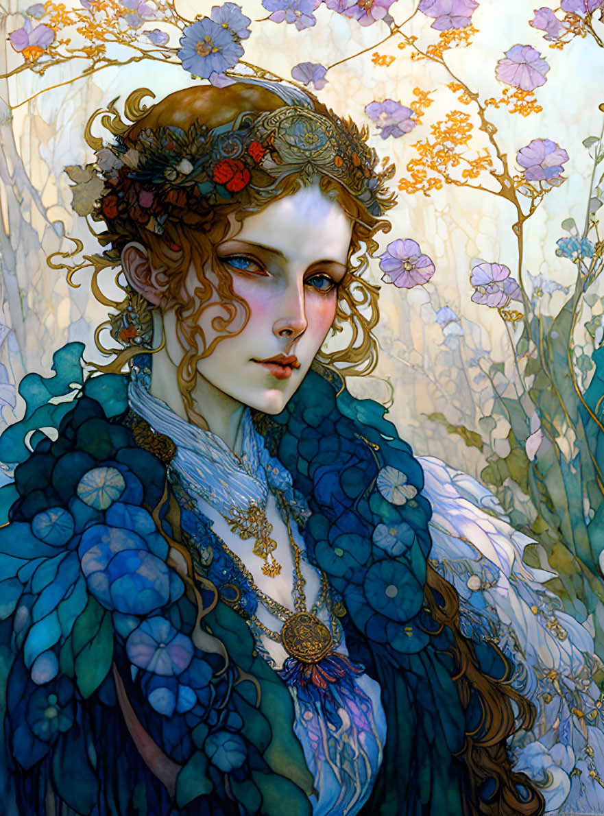 Detailed illustration: Woman with curly hair, floral hair accessories, blue textured cape, surrounded by flowers.