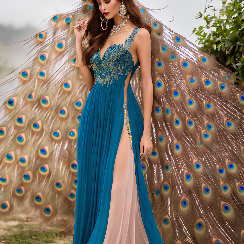 Elegant woman in blue dress with peacock feather backdrop and ornate jewelry.