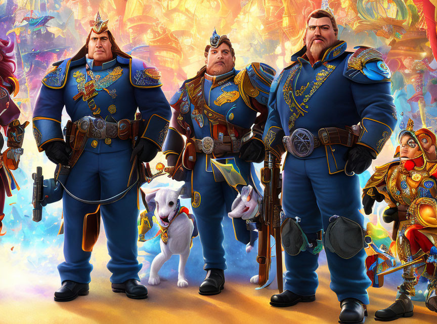 Three animated characters in detailed blue uniforms with a robotic dog in a vibrant fantasy setting.