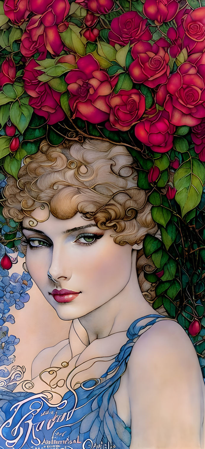 Art Nouveau-style illustration of woman with golden curls and roses in red, green, purple palette