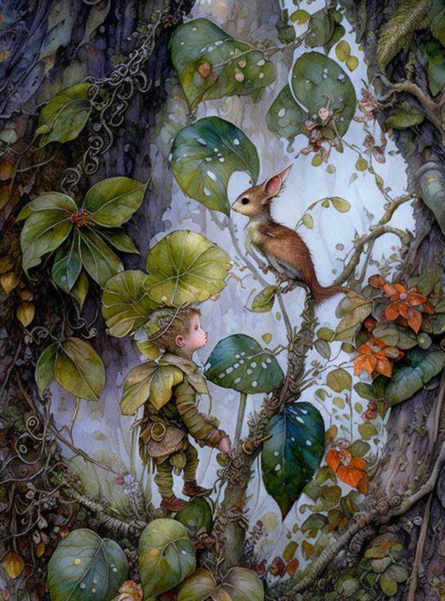 Child in Leafy Green Clothes Observing Butterfly-Winged Mouse in Lush Foliage