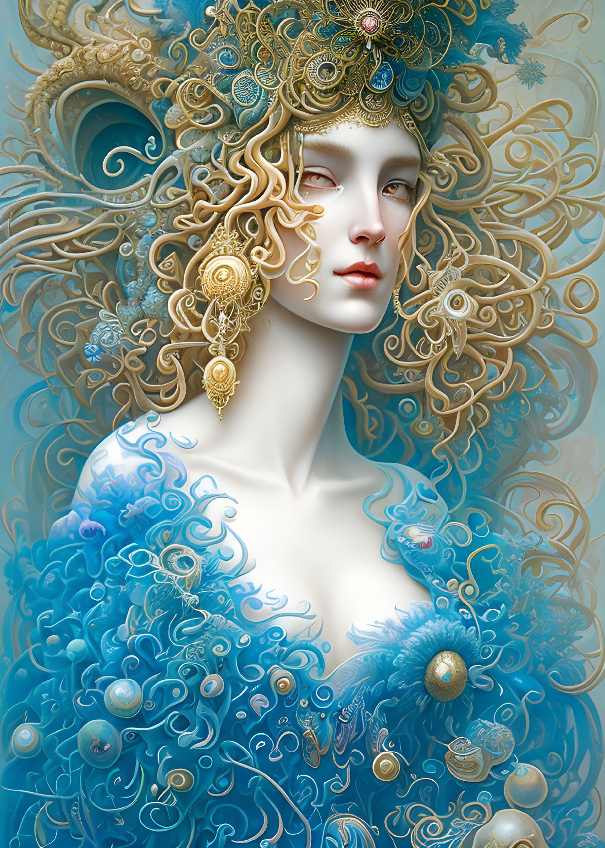 Digital artwork featuring woman with ornate gold and blue headwear and detailed blue attire.