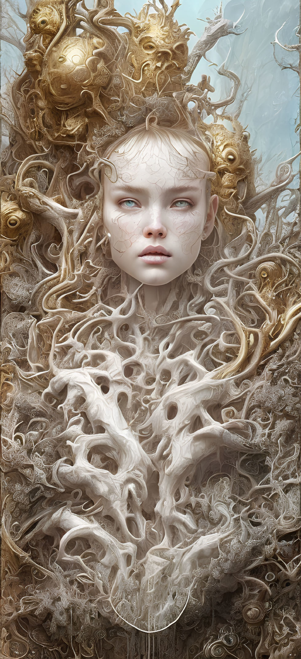 Pale young woman with golden and ivory embellishments in surreal portrait