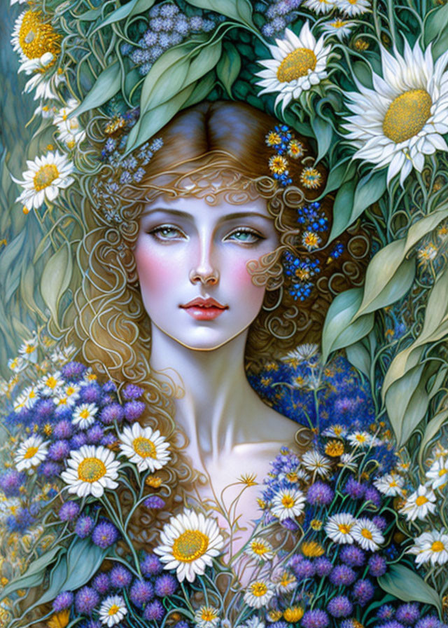 Portrait of woman with floral elements: intricate foliage, daisies, and sunflowers in her hair