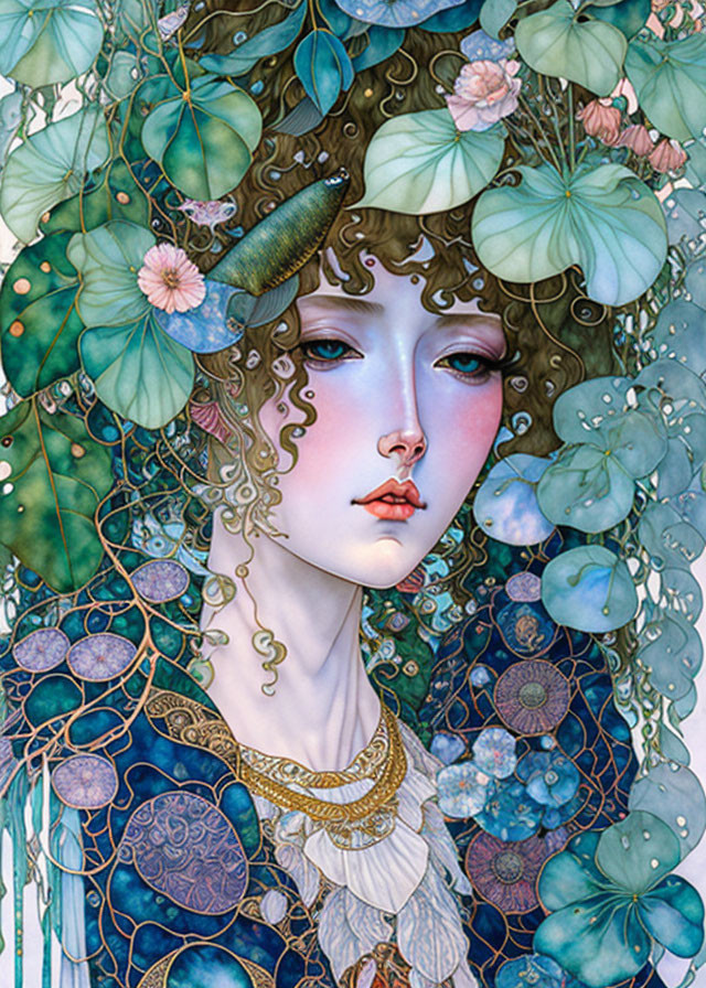 Surreal illustration of pale woman with gold jewelry and botanical elements