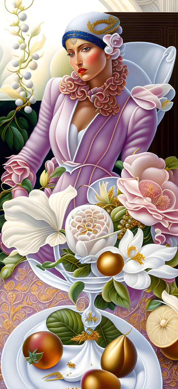 Illustrated woman in purple outfit with floral elements, surrounded by golden fruit and blooming flowers