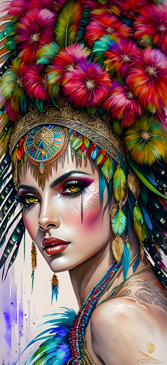 Colorful portrait of a woman with feather headdress, makeup, tattoos, and jewelry