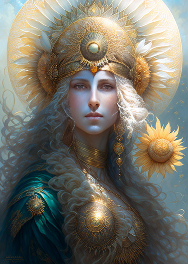 Ethereal woman in sun-themed headdress with gold jewelry and blue feathered shoulders