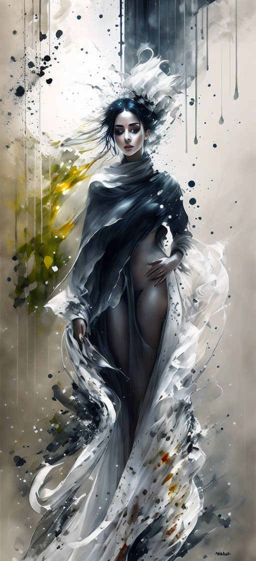 Mystical female figure in black and white garments amid splattered paint