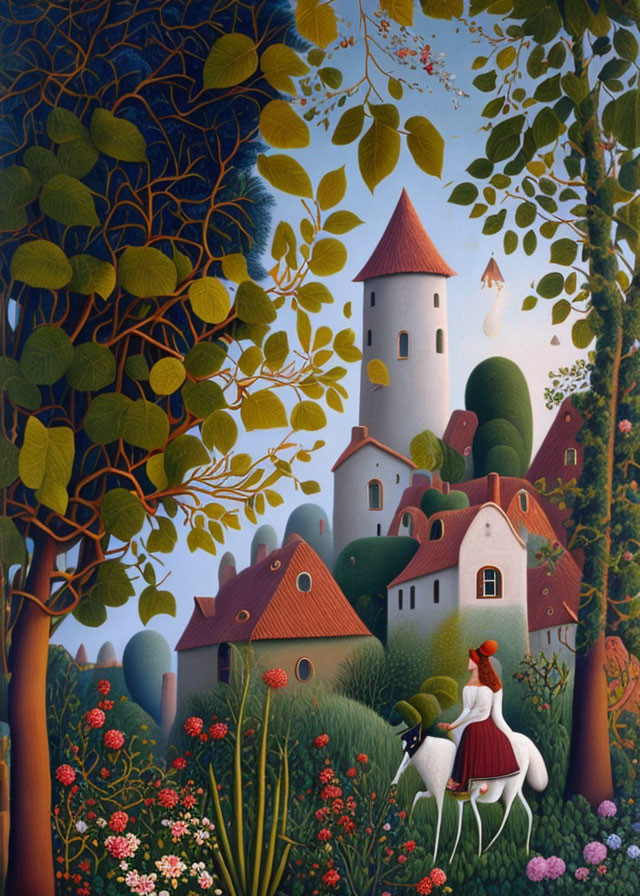 Surreal painting of lady in red dress on white horse in village with castle tower