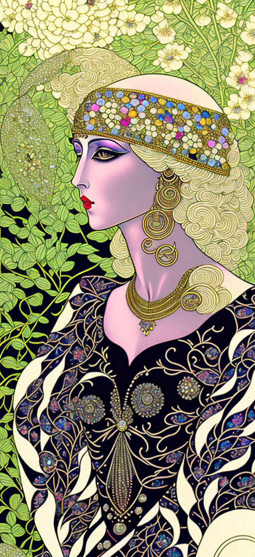 Stylized woman with ornate headdress in Art Nouveau illustration