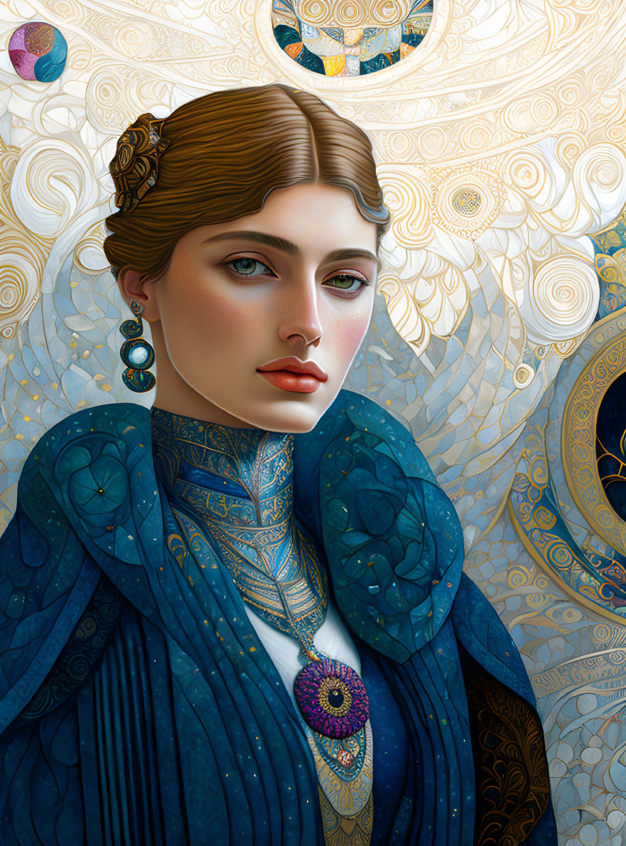 Art Nouveau-inspired woman portrait with intricate blue and gold patterns