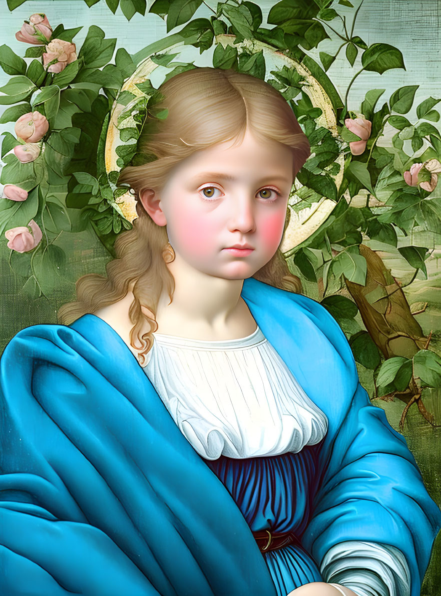 Young girl with halo in blue cloak and white dress, surrounded by pink roses and greenery