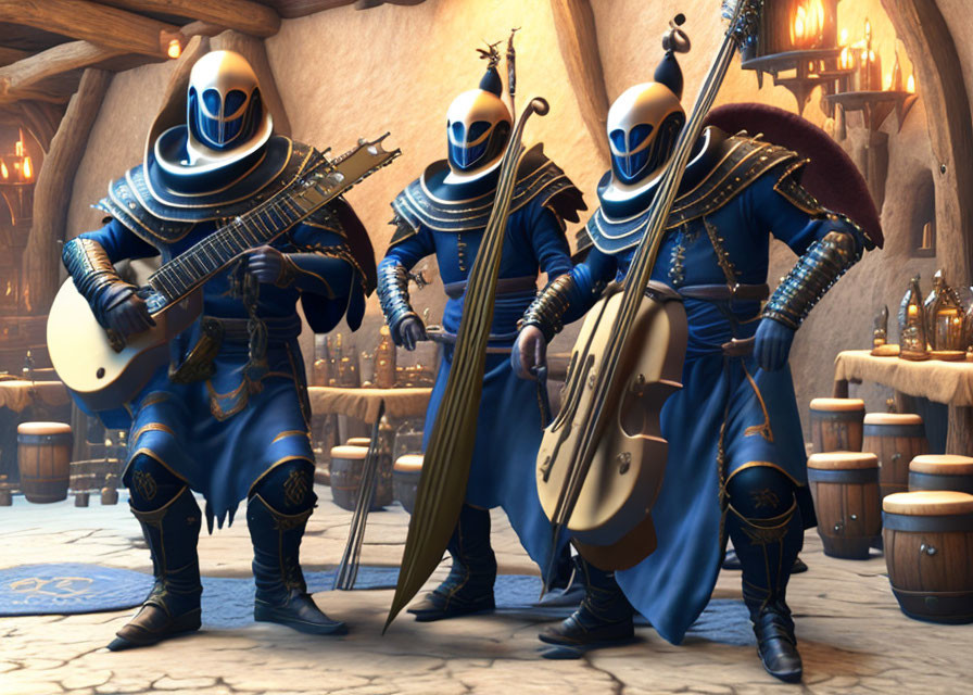 Three animated characters in blue medieval armor playing musical instruments in a tavern.